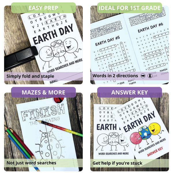 Earth Day Booklet | Word Searches, Maze Puzzles, Finish the Picture | Level 1B