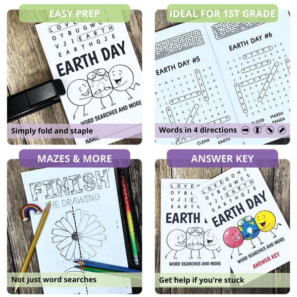 Earth Day Booklet | Word Searches, Maze Puzzles, Finish the Picture | Level 1C