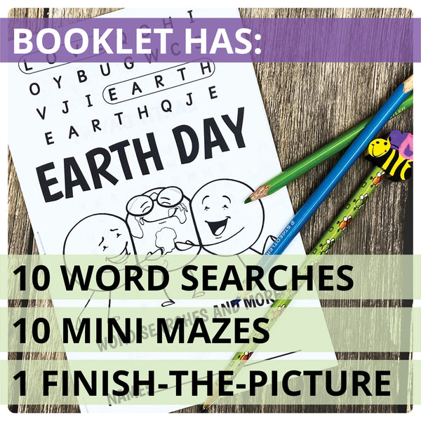Earth Day 2024 Word Searches, Maze Puzzles, Finish the Picture Coloring Sheet
