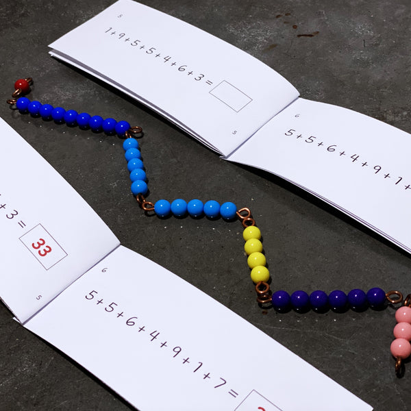Montessori bead snake with question booklets by JRMontessori