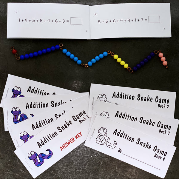 A Montessori bead stair snake and math booklets by JRMontessori