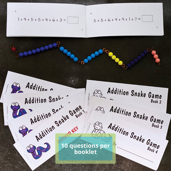 Inside of JRMontessori addition snake game booklet alongside a snake made with bead bars