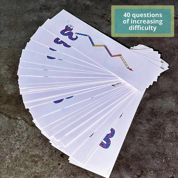 Stack of JRMontessori addition snake game cards with linear math questions