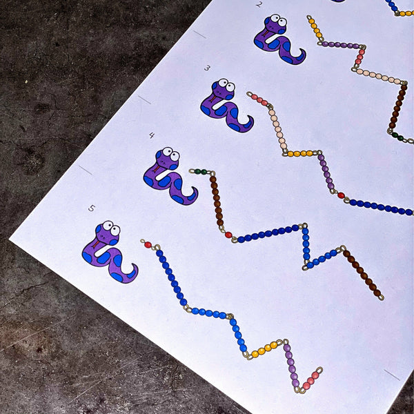 Five JRMontessori snake game cards on one letter size sheet of paper