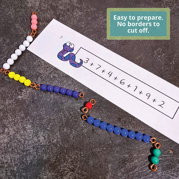 Montessori bead stair snake below a JRMontessori addition snake game task card with a long linear addition question