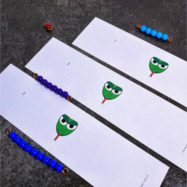 Back side of JRMontessori addition snake game cards with snake image and number