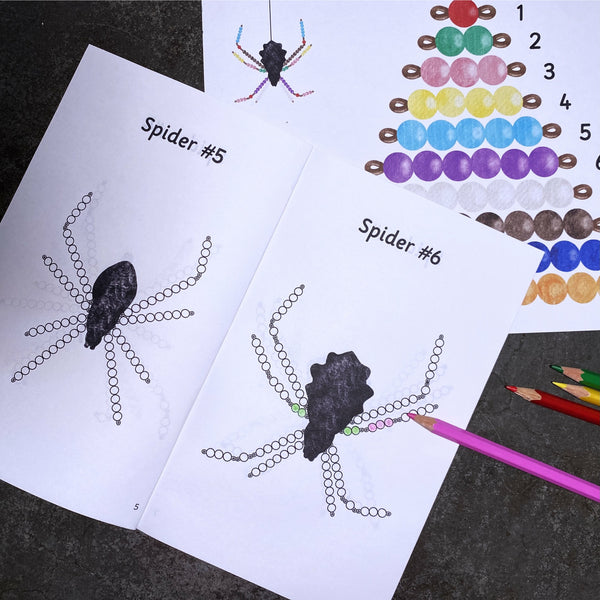 Inside of JRMontessori spider coloring booklet and colored pencils coloring in the beads