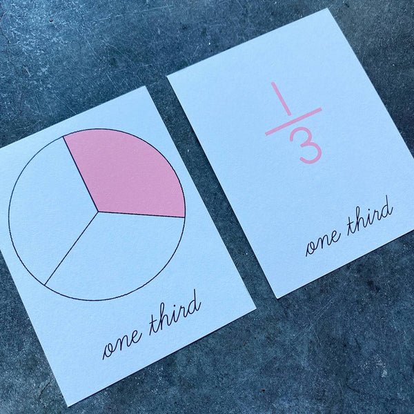 Montessori 3-part cards showing one third with a fractions circle and fractional notation