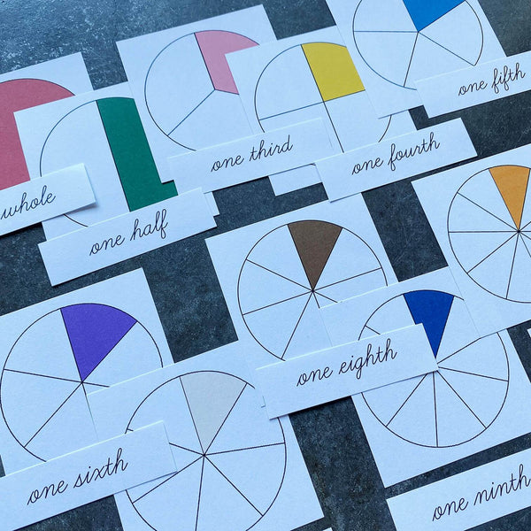 3-part cards with fractions in Montessori colors by JRMontessori
