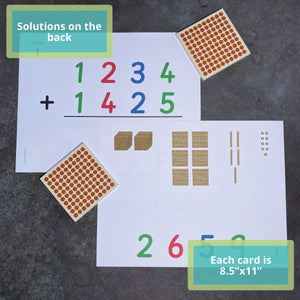 JRMontessori operations card with a 4-digit addition problem on the front and the answer in Golden Beads on the back.