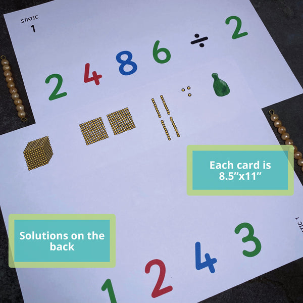 A letter size card by JRMontessori showing a division task on the front and the answer in Golden Beads on the back