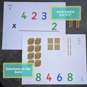 Front and back side of letter size operations cards for multiplication by JRMontessori