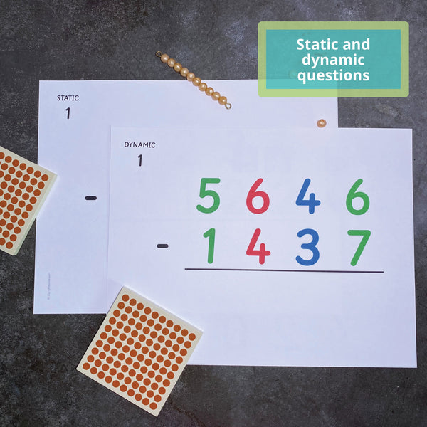 Close up of large subtraction operations card by JRMontessori in Montessori place value colors