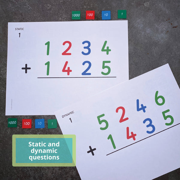 Front of two JRMontessori addition cards comparing static and dynamic questions