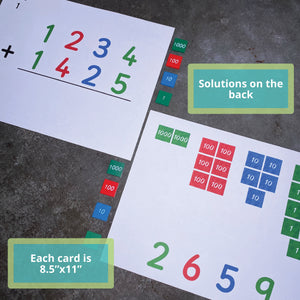 JRMontessori addition stamp game cards with question on the front and solution shown on the back with stamps