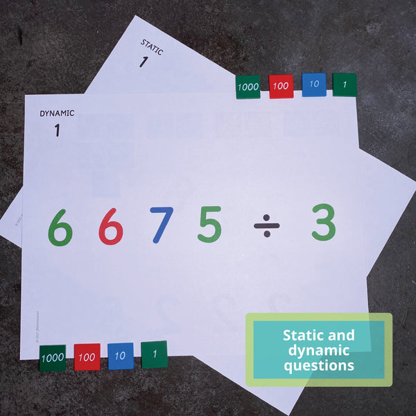 Large stamp game division card in Montessori colors by JRMontessori