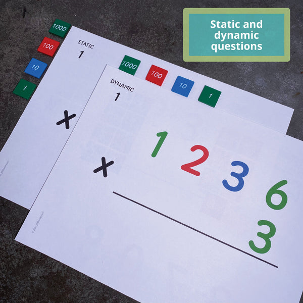 Multiplication task card in Montessori place value colors by JRMontessori