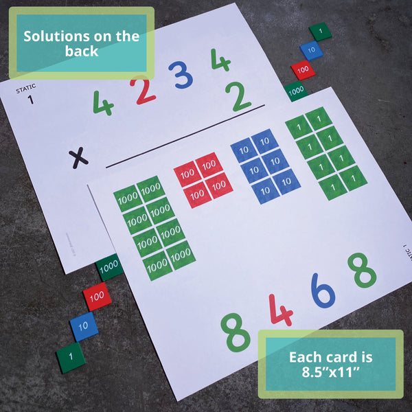 Answer on back of multiplication task card with Montessori stamp game tiles by JRMontessori