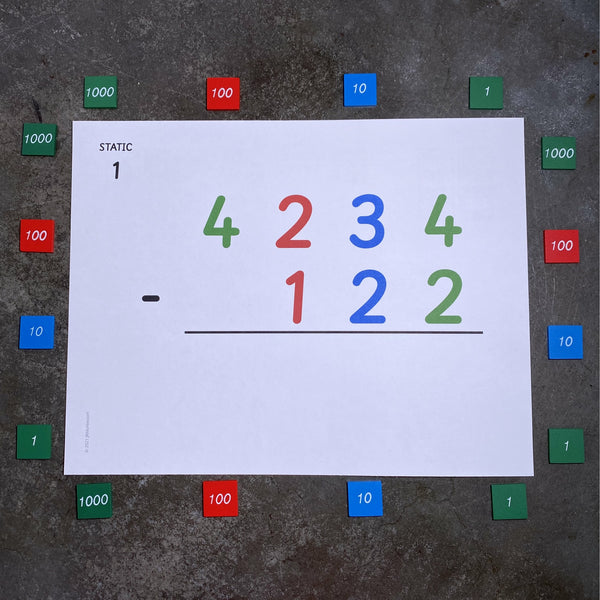 4-digit subtraction problem in Montessori place value colors on a large card by JRMontessori