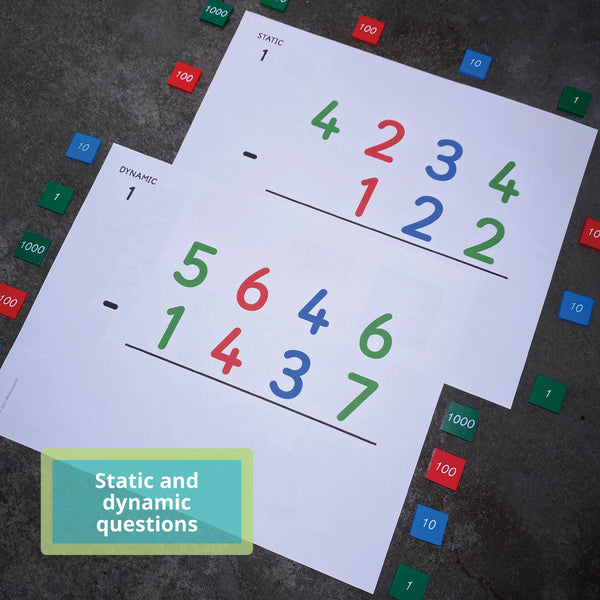 Static and dynamic subtraction activity cards by JRMontessori