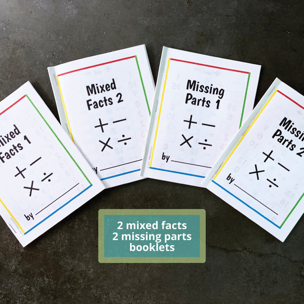JRMontessori printable math facts booklets with mixed problems and missing parts