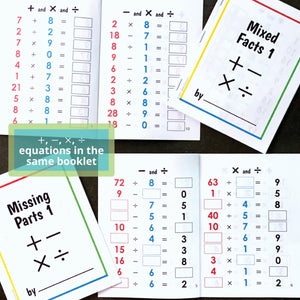 JRMontessori printable math facts booklets with mixed problems and missing parts