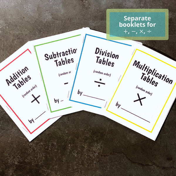 JRMontessori printable math facts booklets with random order questions