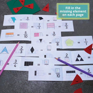 JRMontessori fractions booklets open to pages with missing elements colored in 