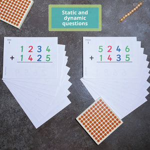 Two stacks of JRMontessori addition task cards comparing static and dynamic questions