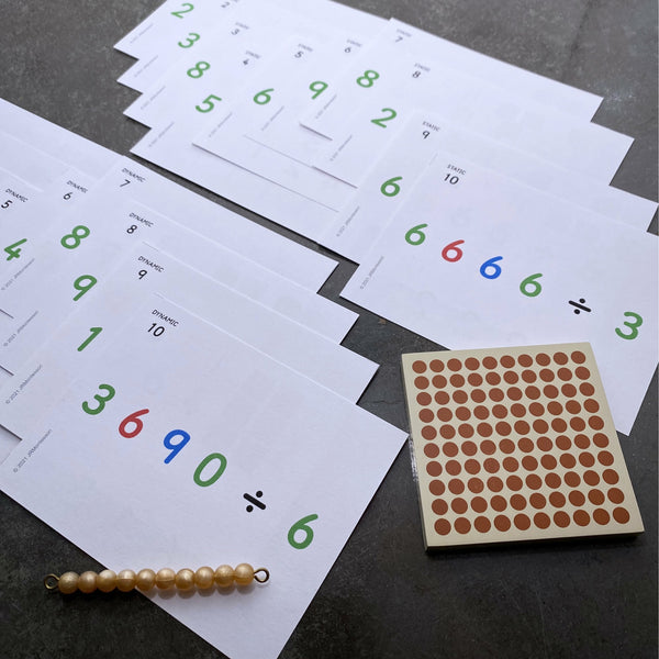 JRMontessori printable math cards with golden bead division problems