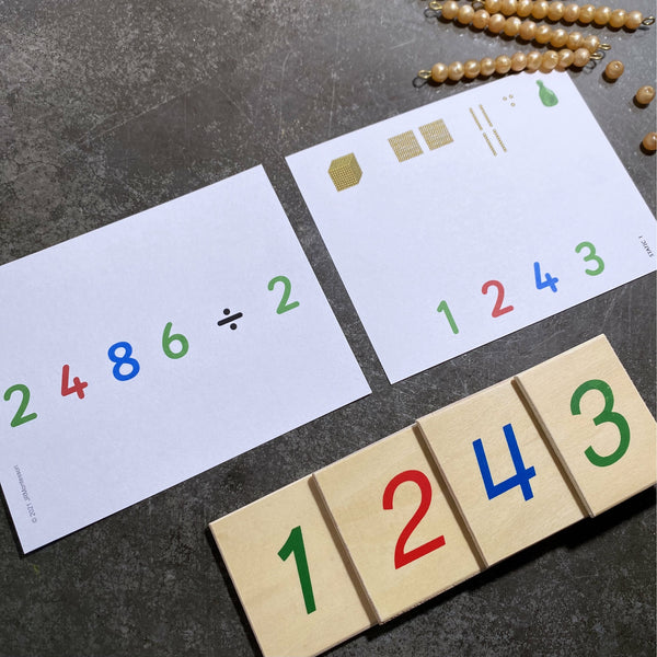 JRMontessori printable math cards with golden bead division problems