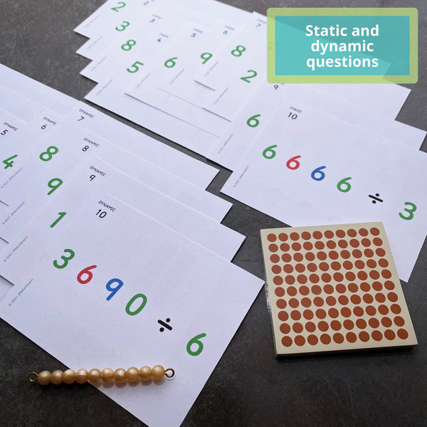 Spread showing many examples of static and dynamic division task cards by JRMontessori