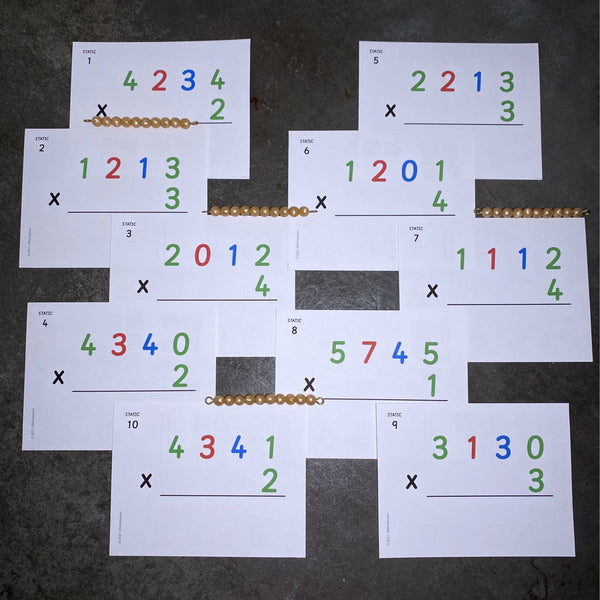JRMontessori printable math cards with golden bead multiplication problems