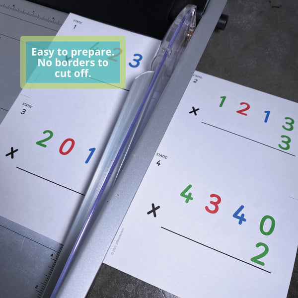 Example of how easy it is to prepare JRMontessori small operations cards using a guillotine style paper cutter