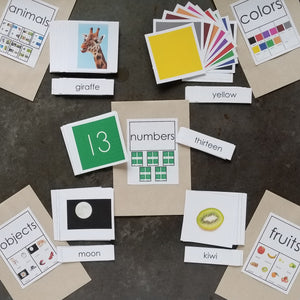 Assortment of matching images and labels by JRMontessori. Topics include numbers, animals, colors, fruits, and objects.
