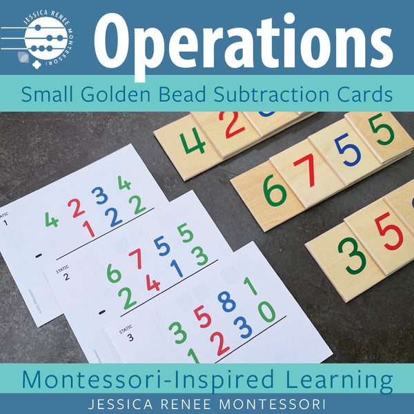 Small golden bead subtraction cards by JRMontessori spread out beside the Montessori wooden numeral cards
