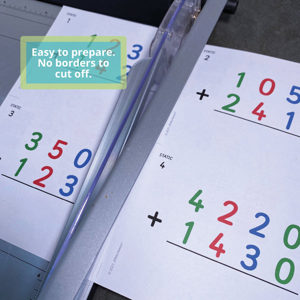 Example of how to cut JRMontessori small operations cards using a guillotine style paper cutter