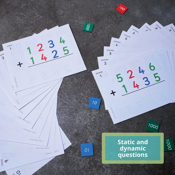 Small JRMontessori addition Stamp Game cards fanned out showing static and dynamic questions