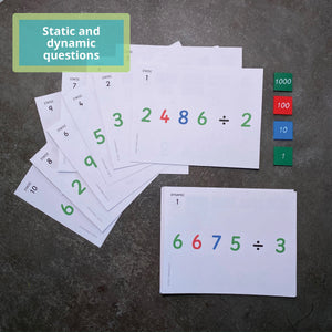 Static and dynamic division questions by JRMontessori, on small cards using Montessori place value colors