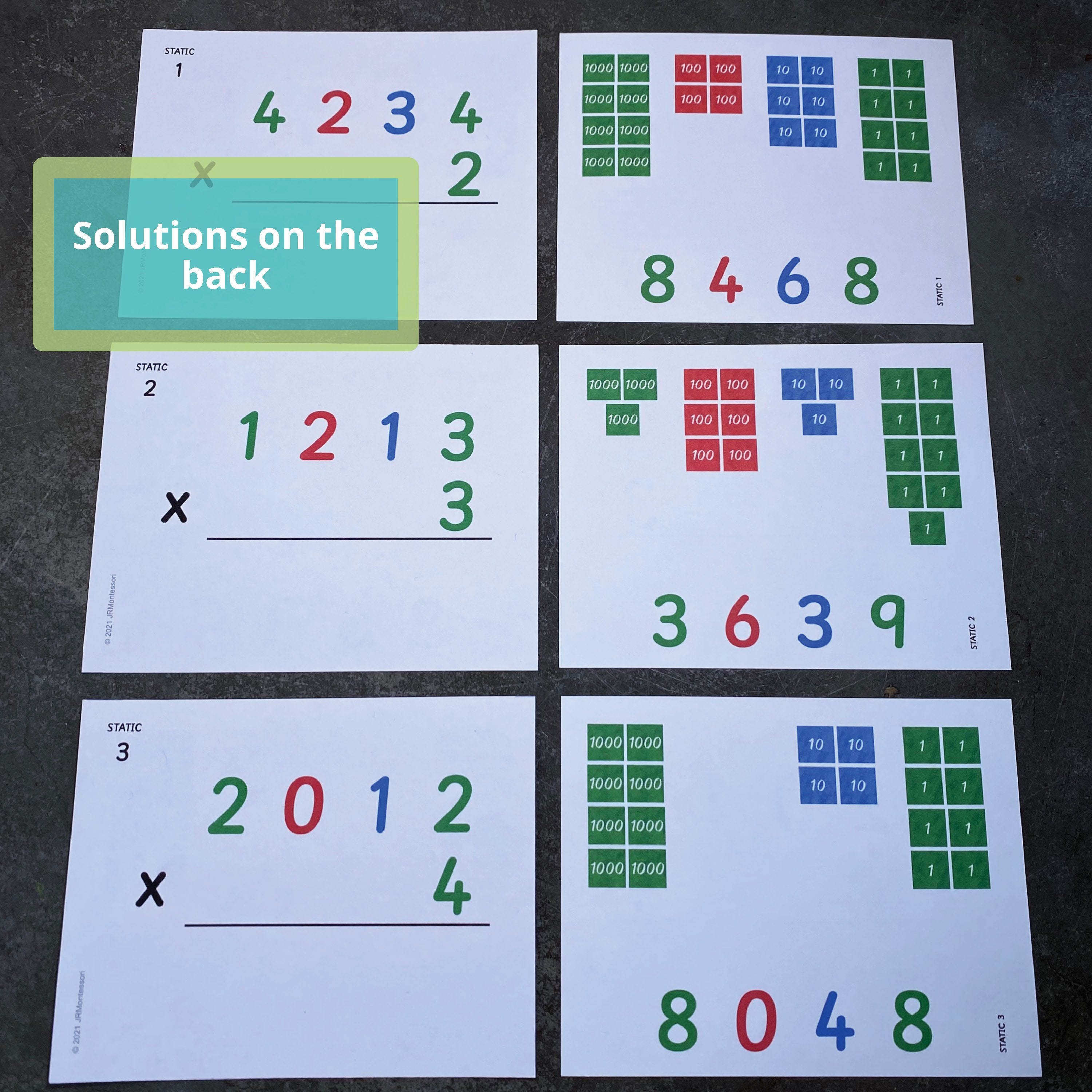 Montessori Math 4Digit Stamp Game Multiplication with Small Cards