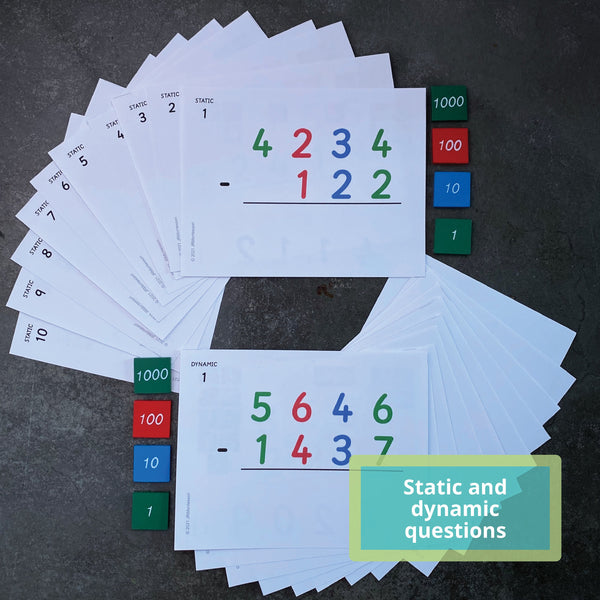 Stacks of JRMontessori static and dynamic subtraction task cards