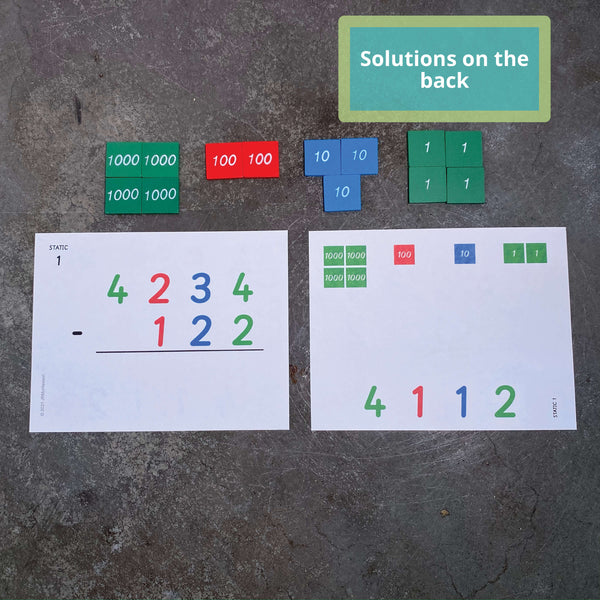 Cards showing the front and back side of JRMontessori subtraction Stamp Game cards