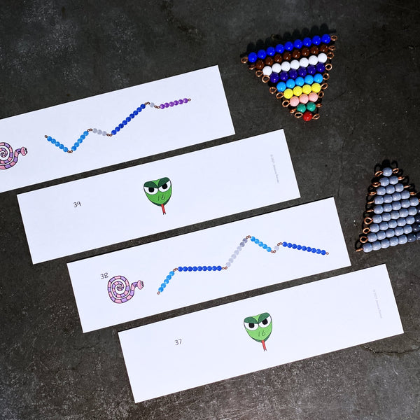 JRMontessori subtraction snake game task cards and Montessori bead stairs