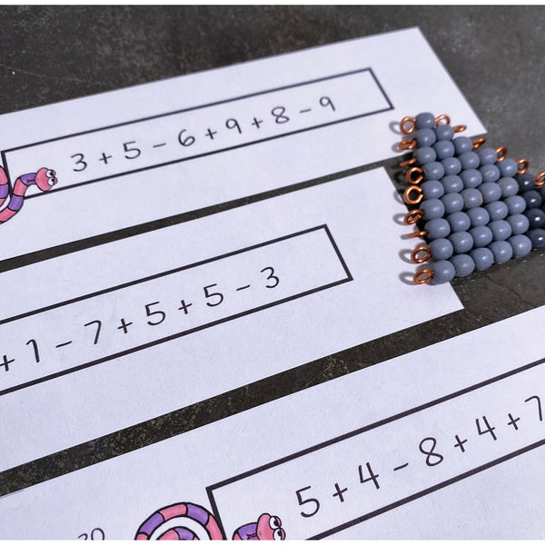Close up view of subtraction snake game cards by JRMontessori
