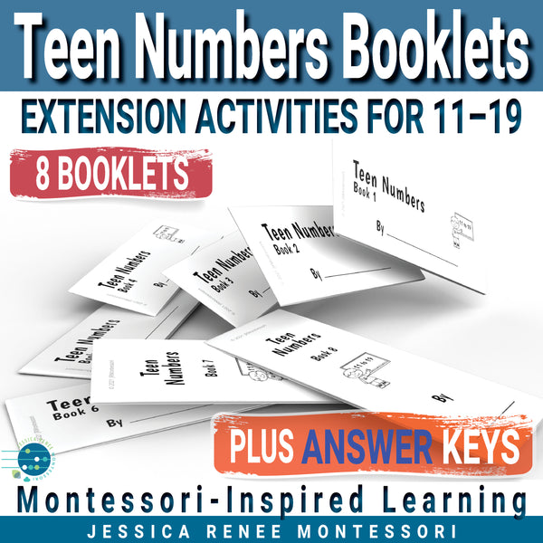 Montessori Math Teen Numbers Booklets, Bead Stair Extensions 11-19, Numeration