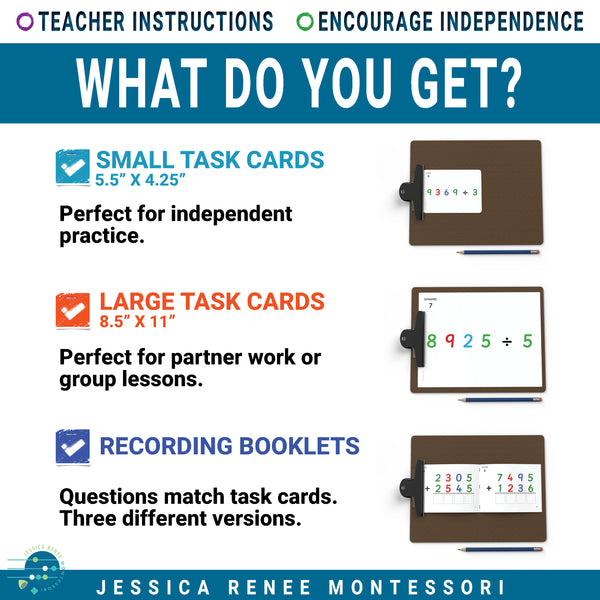 Montessori Math Golden Bead Task Cards and Recording Booklets, All 4 Operations